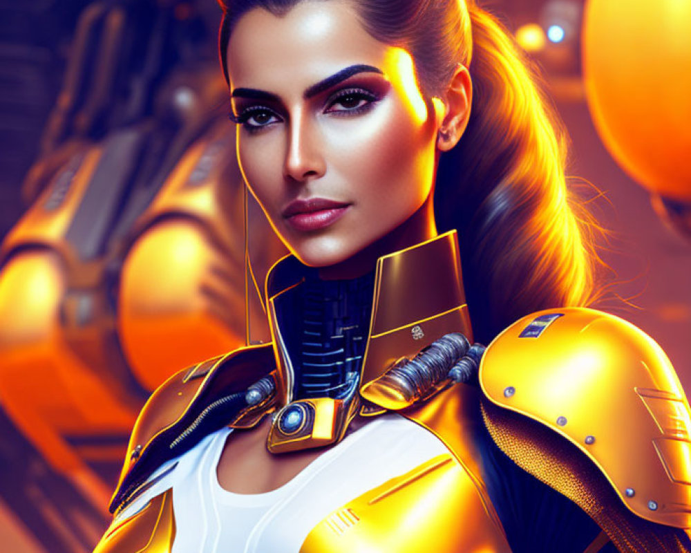 Woman with Cybernetic Enhancements in Futuristic Armor on Orange Technological Background