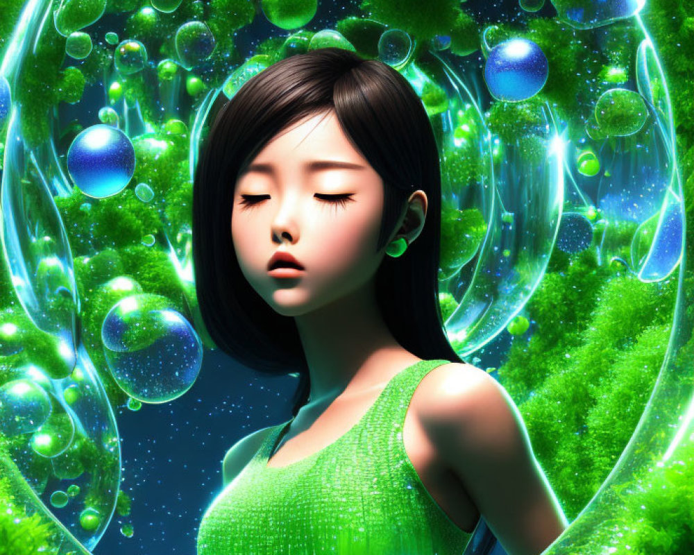 Girl in Vibrant Nature Scene with Green Bubbles