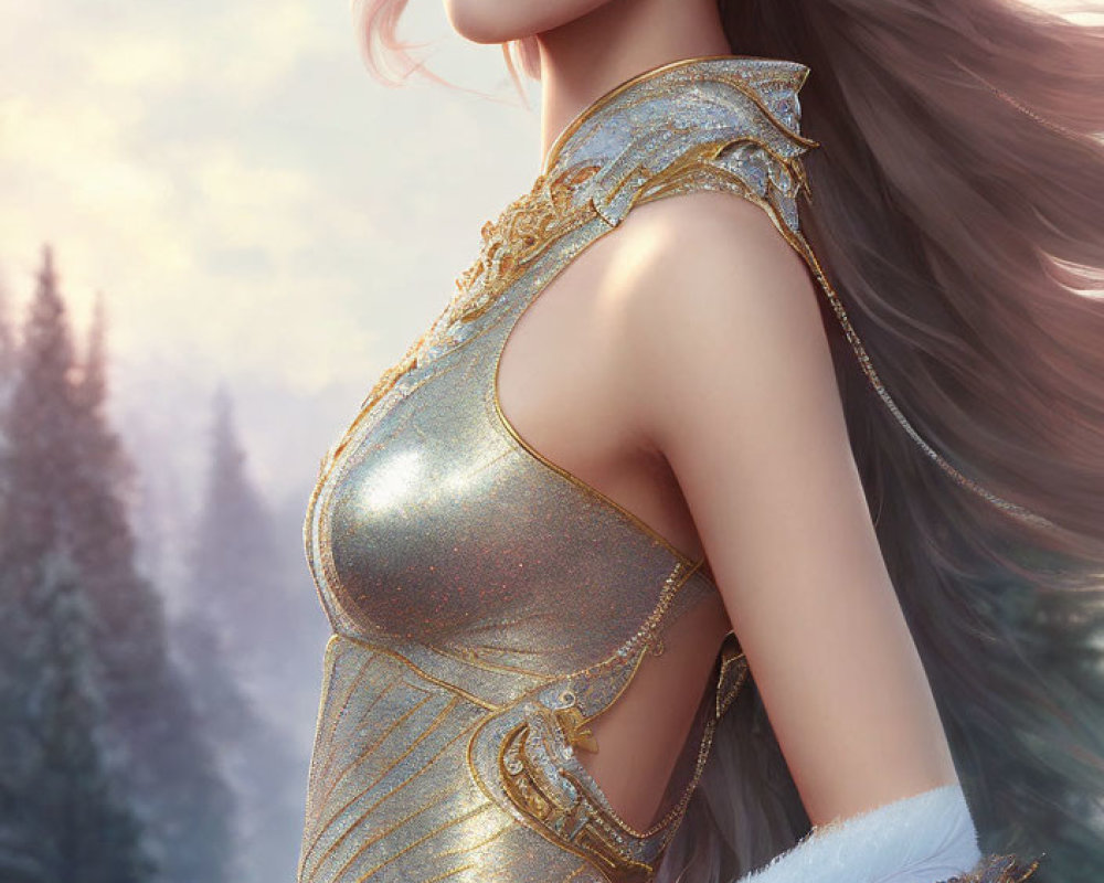 Digital artwork of woman in ornate golden armor with flowing hair in snowy forest