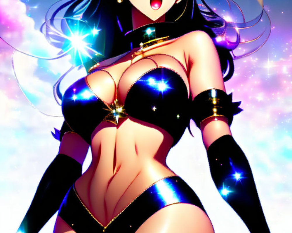 Dark-haired female character in black bikini with gold accents, surrounded by stars on night sky.