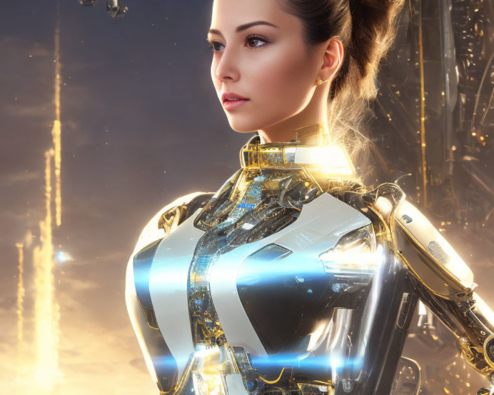Sophisticated robot woman with neat bun in futuristic cityscape