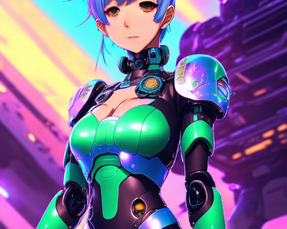 Futuristic female android in blue hair and green cybernetic armor on advanced technology background