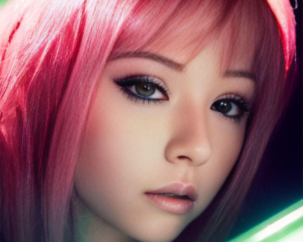Bright Pink Hair with Headband and Striking Eyes in Green Light Streaks