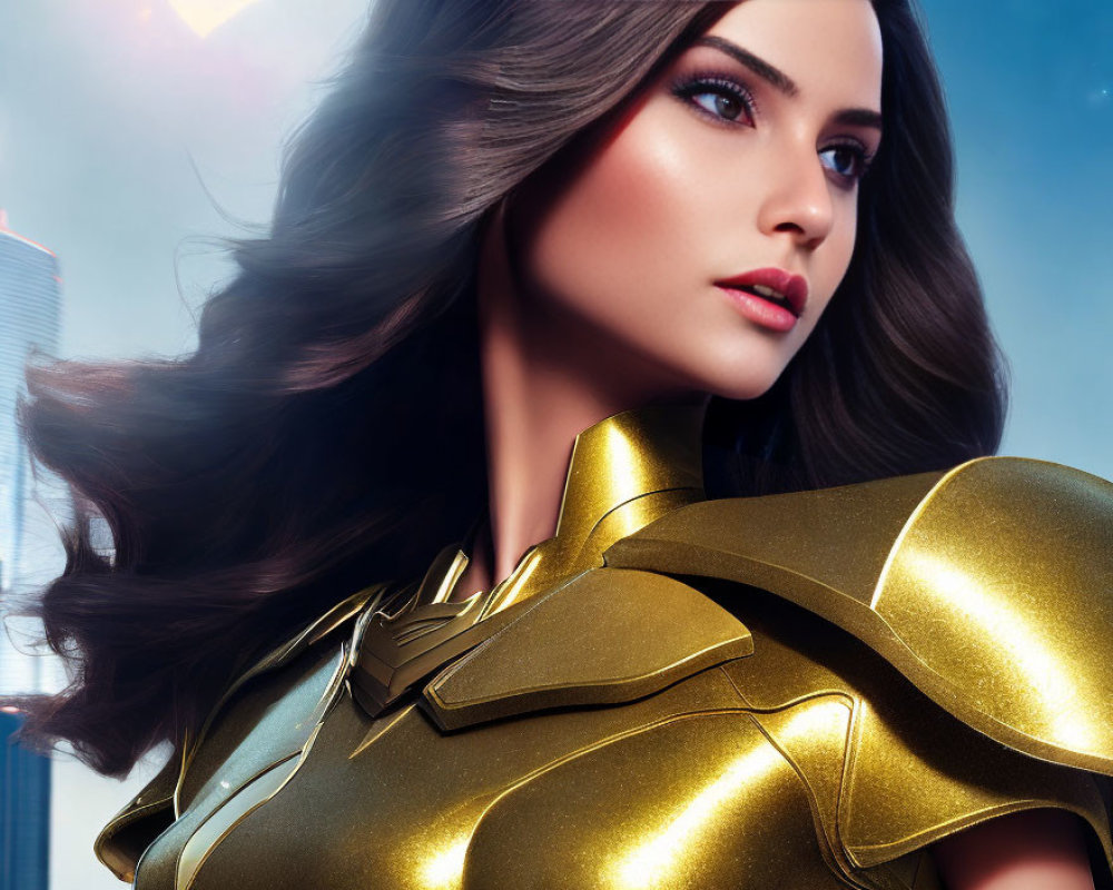 Digital artwork: Woman in gold armor with dark hair in cityscape.
