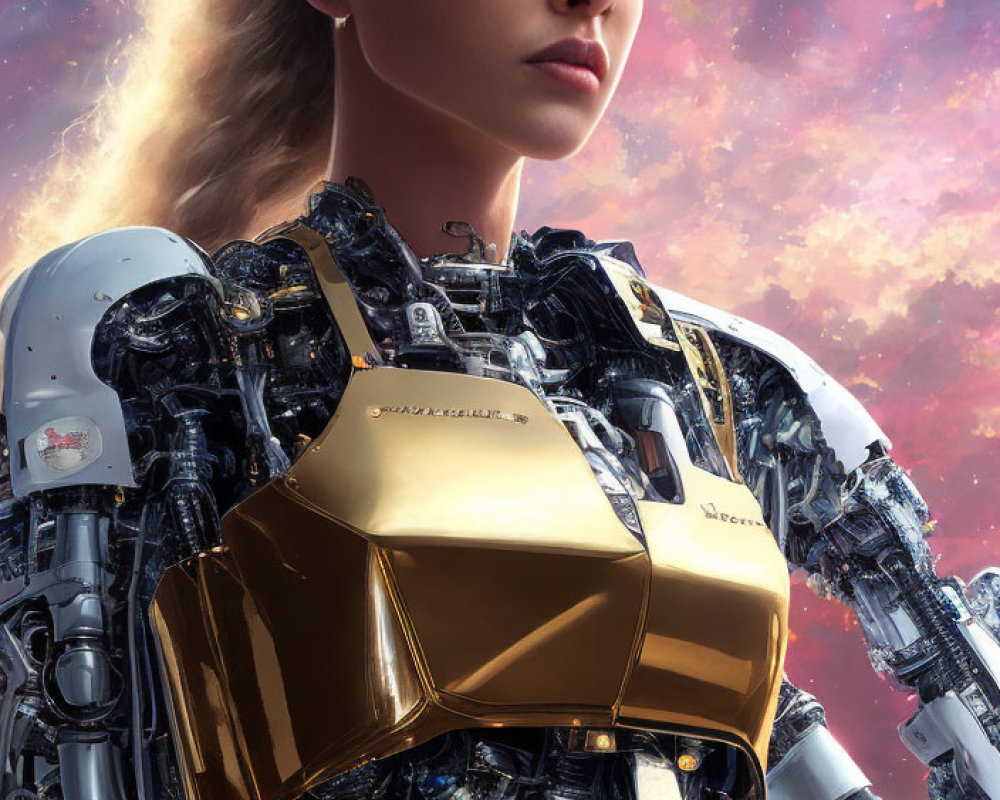 Humanoid Woman Transitions to Robotic Body in Cosmic Setting