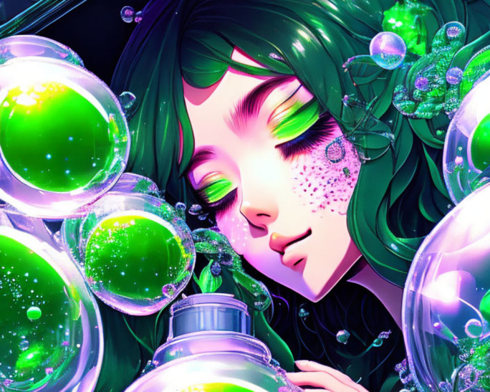 Illustrated girl with green hair surrounded by glowing bubbles and flasks