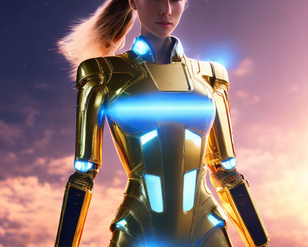 Futuristic gold and blue armor suit under dramatic sky