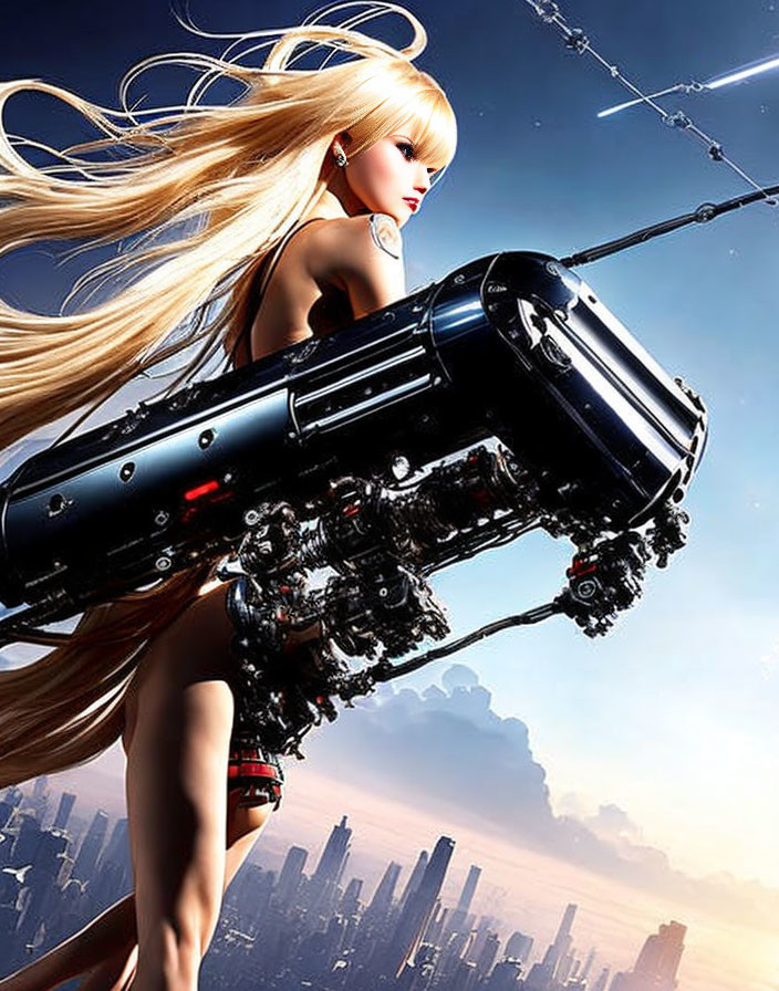 Blonde-haired female character with mechanical cannon in futuristic cityscape