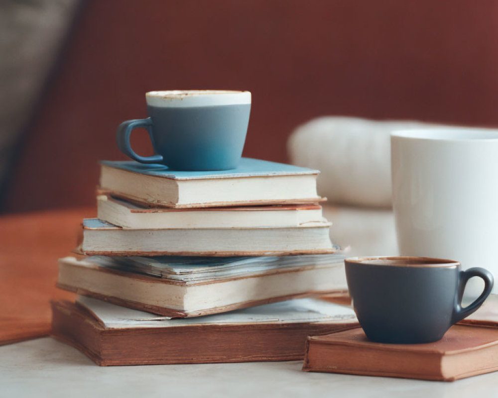 Cozy Reading Scene with Old Books and Coffee Cups