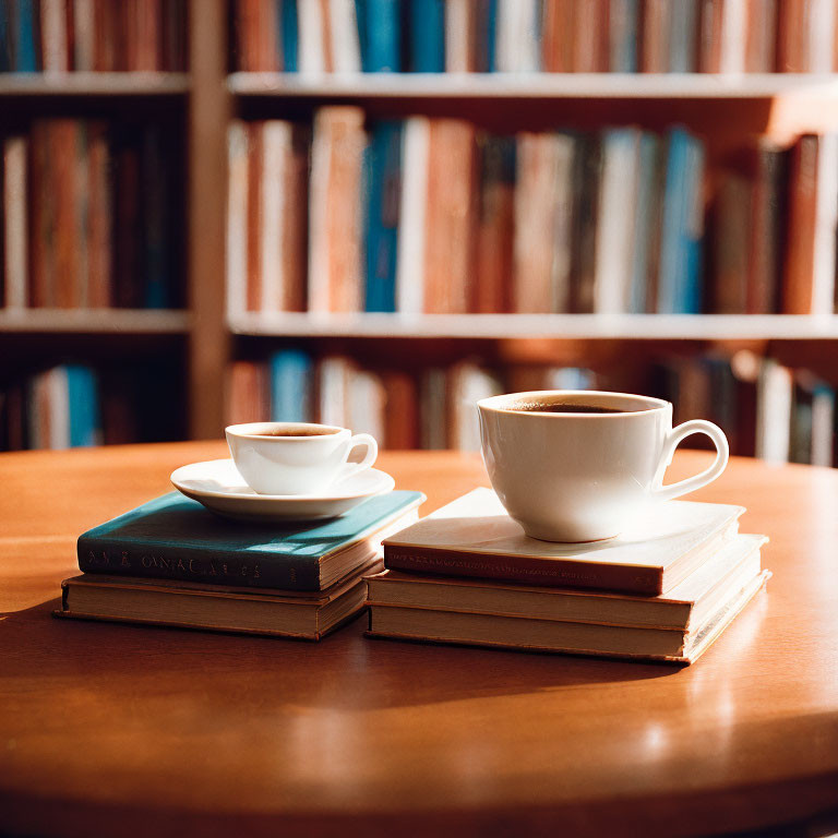 Coffee Cup on Books with Blurred Bookshelf in Warm Room