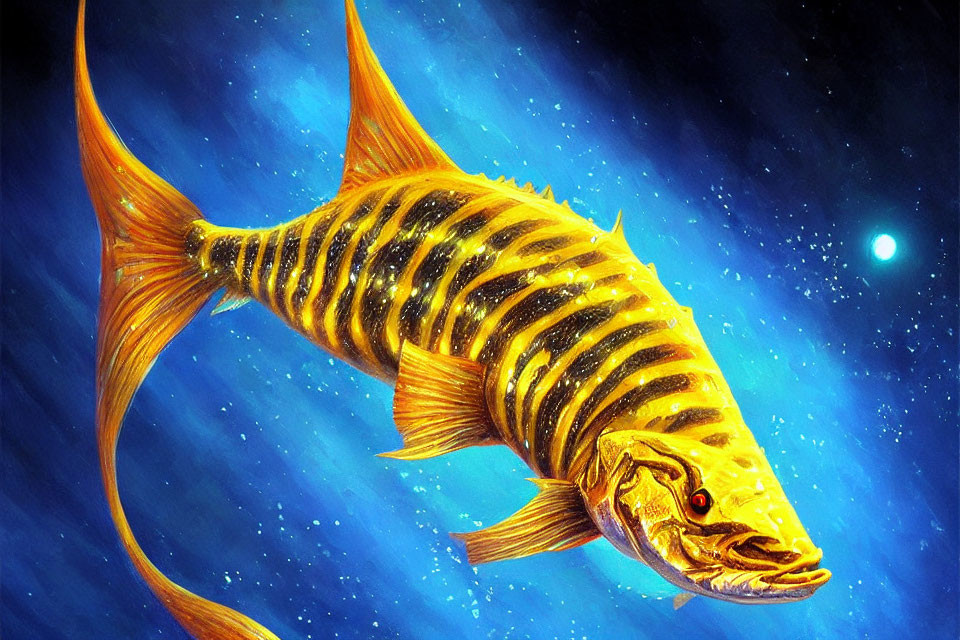Vibrant yellow and black striped fish in starry blue underwater scene