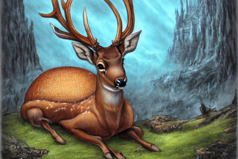 Majestic brown stag with antlers in misty forest setting