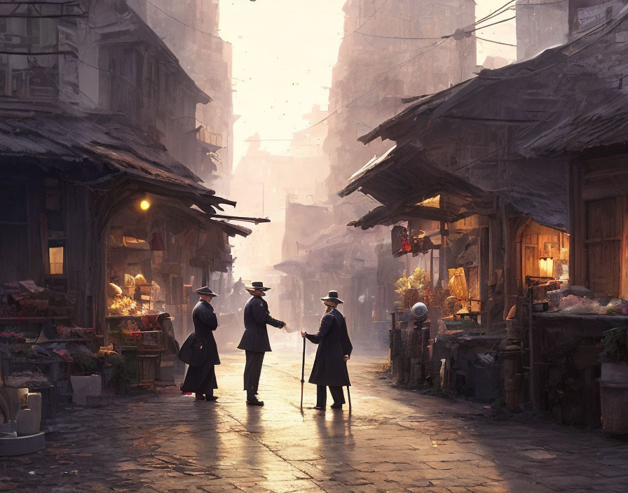 Vintage Attired Trio Walking Through Sunlit Alley with Rustic Shops