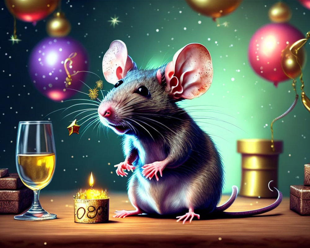 Illustration of a festive mouse with party hat, balloons, presents, candle, and wine