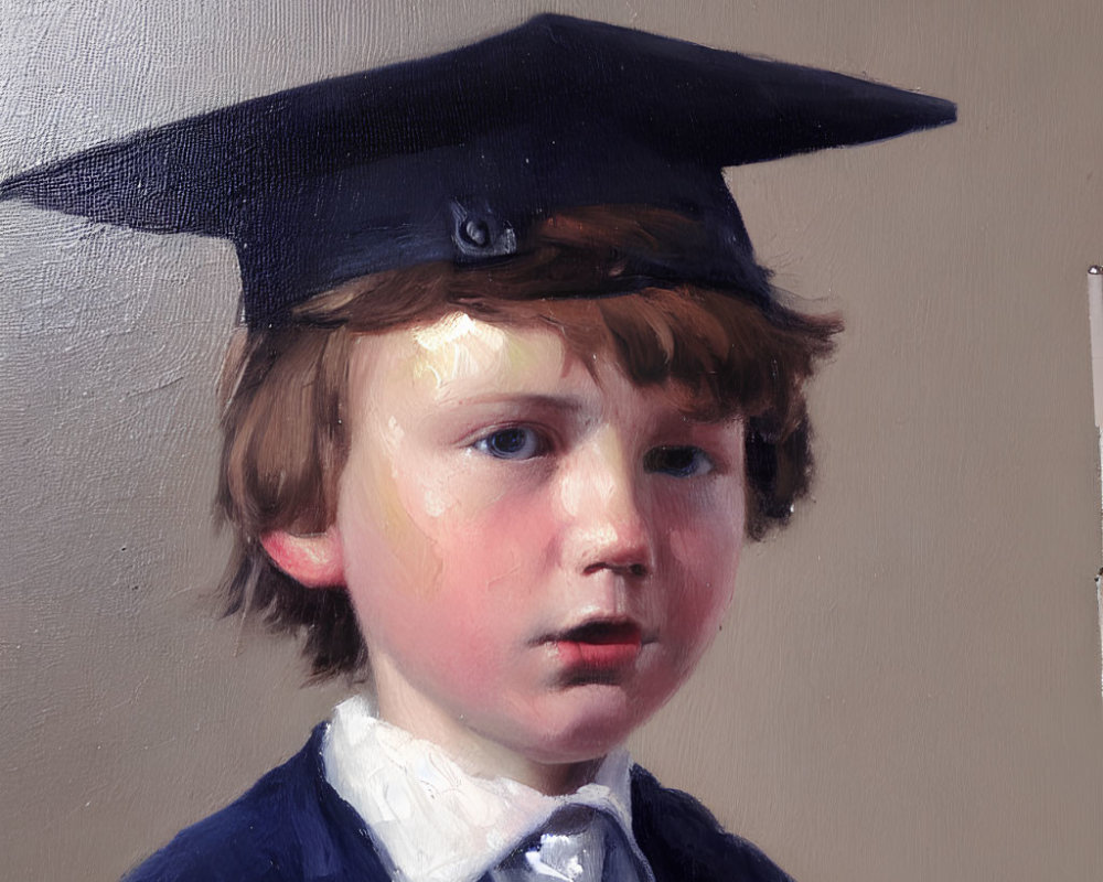 Portrait of young child with wavy hair in graduation cap, solemn expression, and detailed skin lighting.