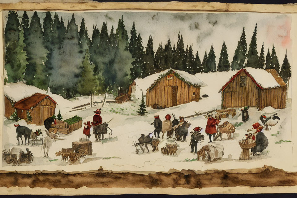 Vintage Watercolor Painting of Rustic Winter Scene with People and Livestock in Snowy Landscape
