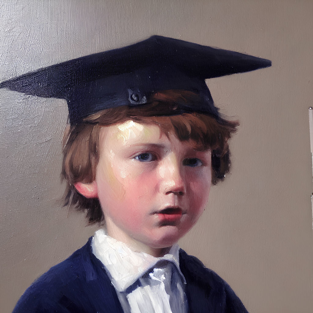 Portrait of young child with wavy hair in graduation cap, solemn expression, and detailed skin lighting.