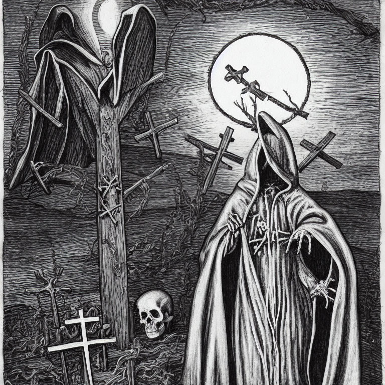 Gothic illustration: Robed skeletal figures with crosses, heart, and skull; dark and detailed