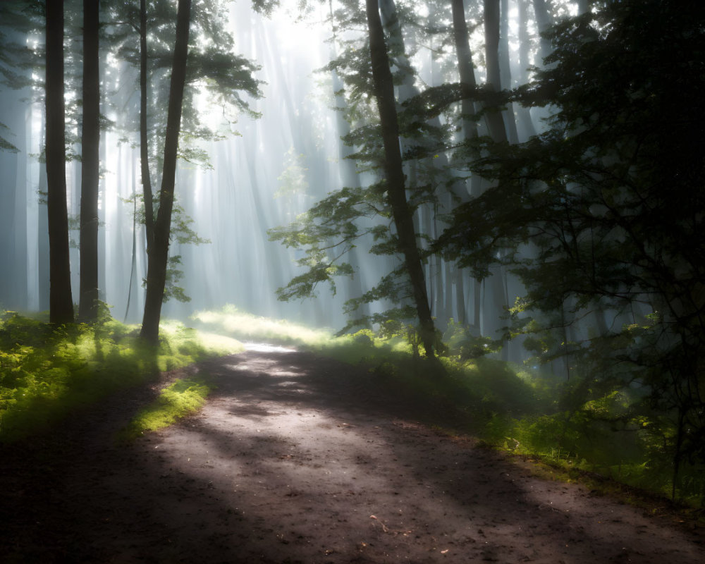 Misty forest with sun rays on dirt path and green foliage