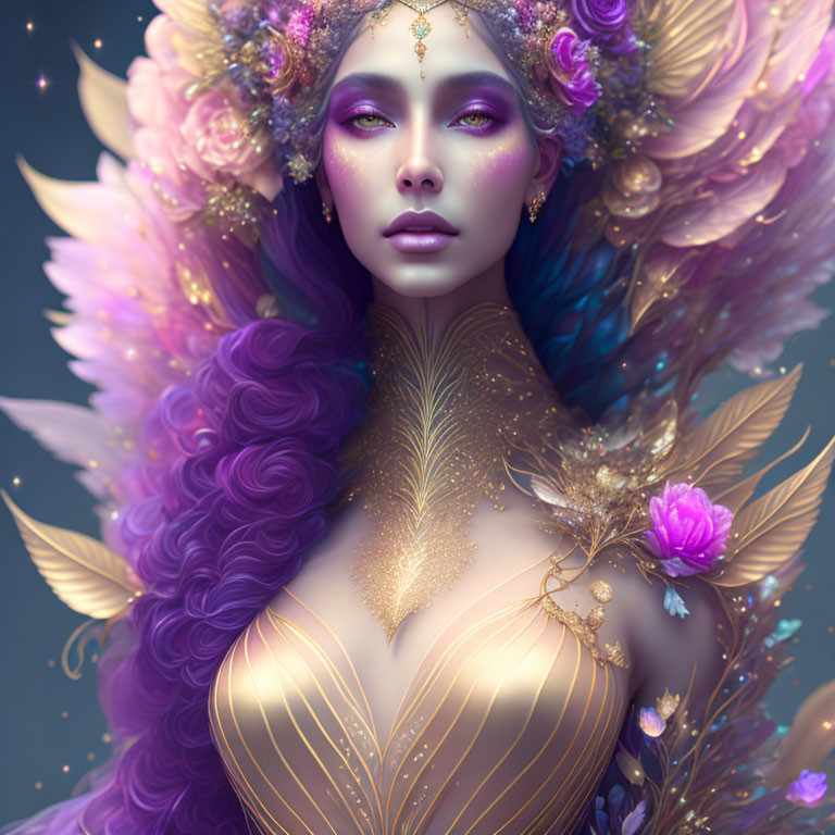 Ethereal purple-haired figure with golden adornments and floral aura