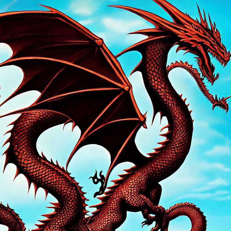Colorful illustration: Red dragon with wings in blue sky