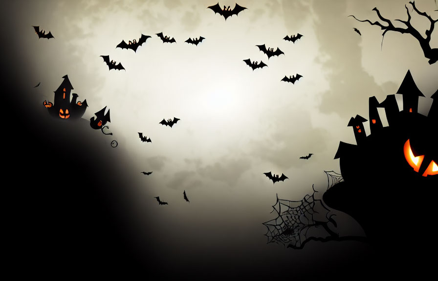 Spooky Halloween scene with bats, castle, and bare trees