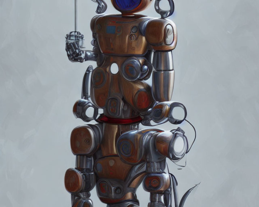 Illustration of Wooden Robot with Blue Spherical Head and Sword