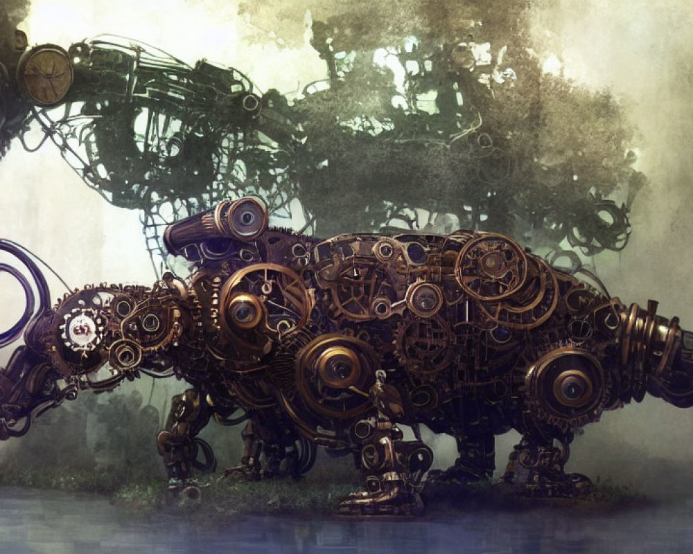 Steampunk-style metal rhinoceros with intricate design in misty background
