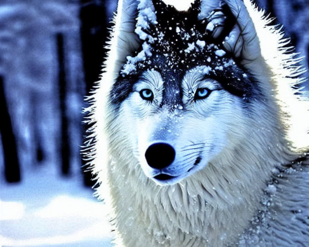 Majestic wolf with snow-covered fur in snowy forest