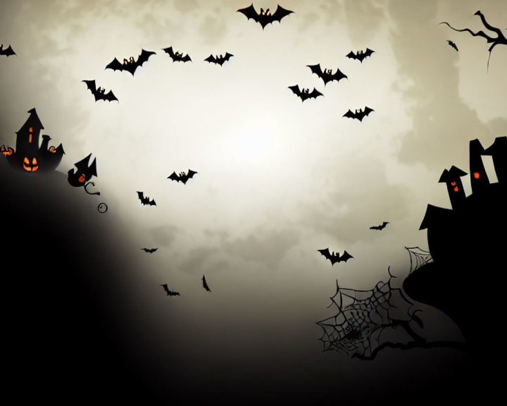 Spooky Halloween scene with bats, castle, and bare trees
