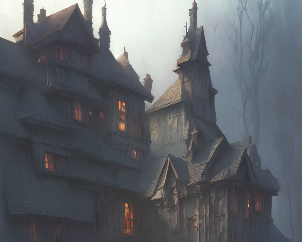 Eerie Victorian mansion in mist with glowing windows & bare trees