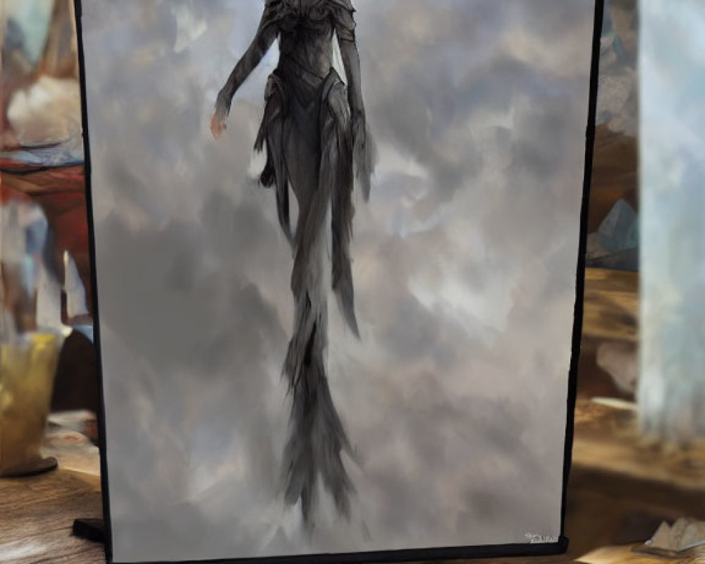 Dark, ethereal figure in flowing robes and feathers on easel