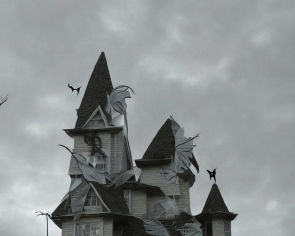 Quirky multi-turreted house with birds in black-and-white photo