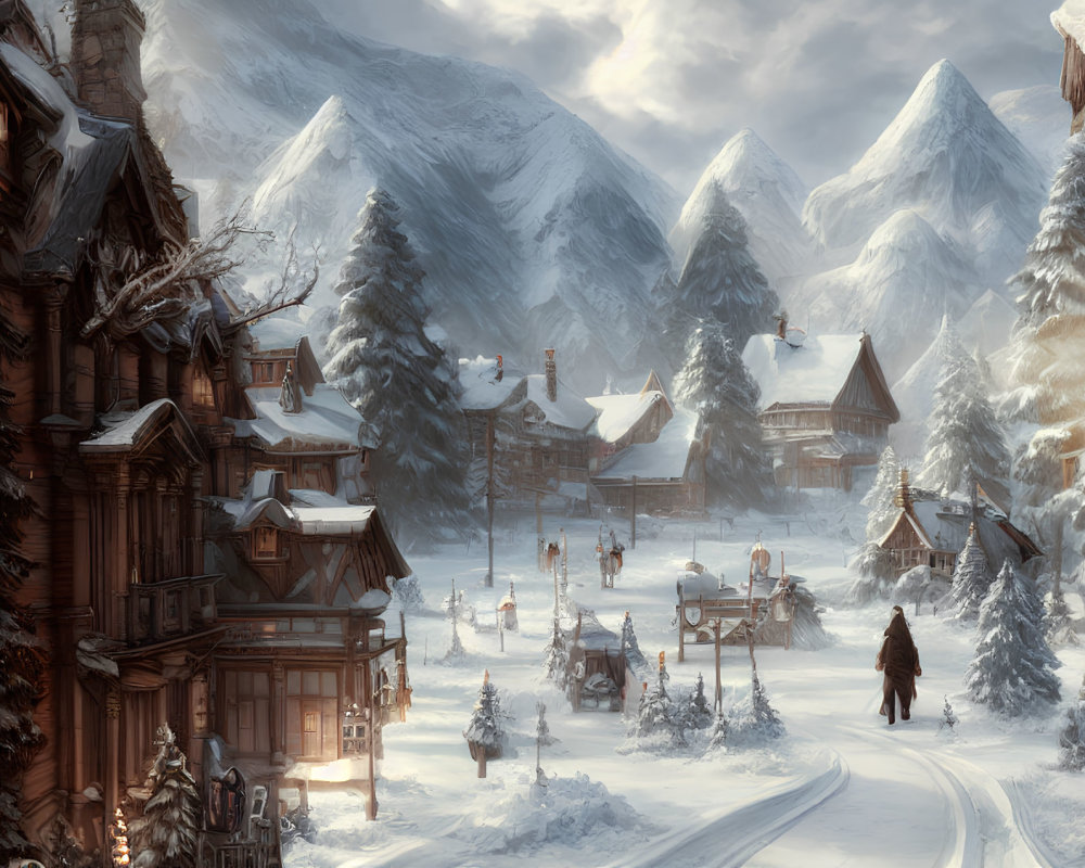 Snowy village scene with wooden houses, mountain backdrop, people, and horse-drawn cart in soft