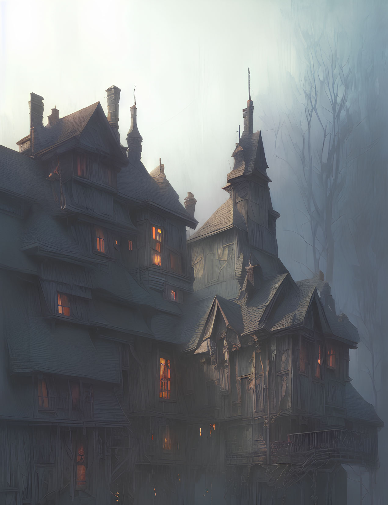 Eerie Victorian mansion in mist with glowing windows & bare trees
