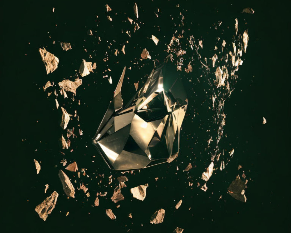 Golden crystalline structure shattering on dark background symbolizing fragility.