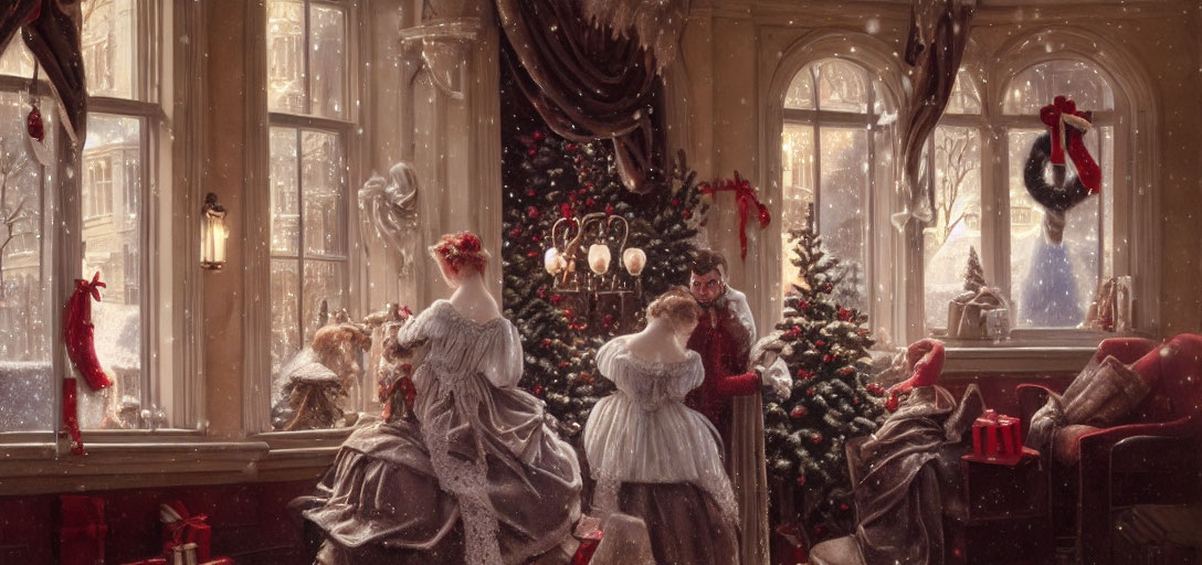 Victorian-era Christmas scene with elegantly dressed people decorating a tree.