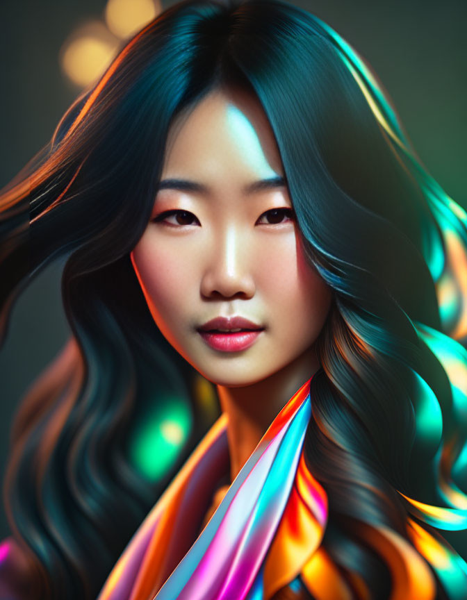 Colorful portrait of a woman with flowing hair and dynamic lighting