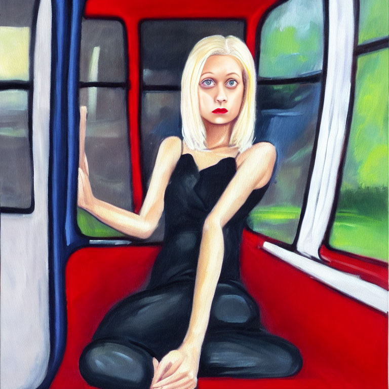 Stylized painting of woman in black dress on red train.