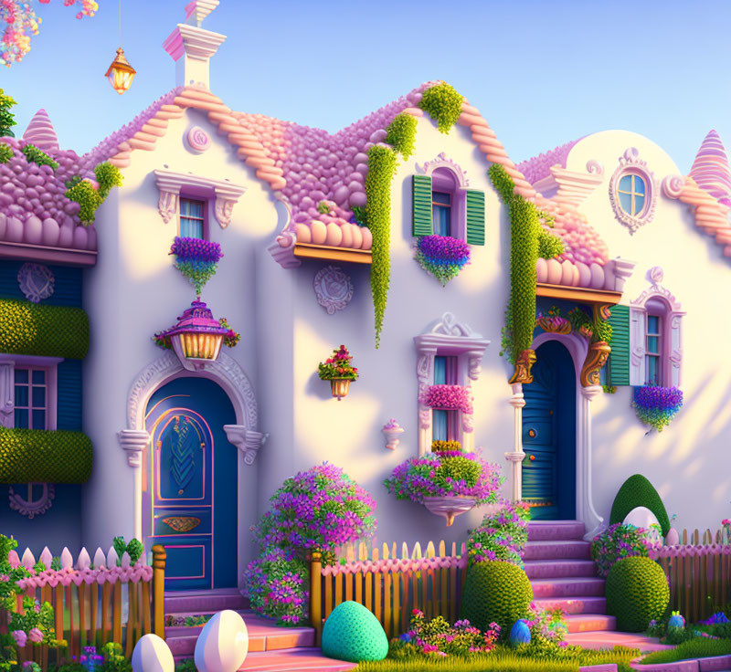 Colorful Illustration of Charming House with Purple Flora and Decorative Eggs