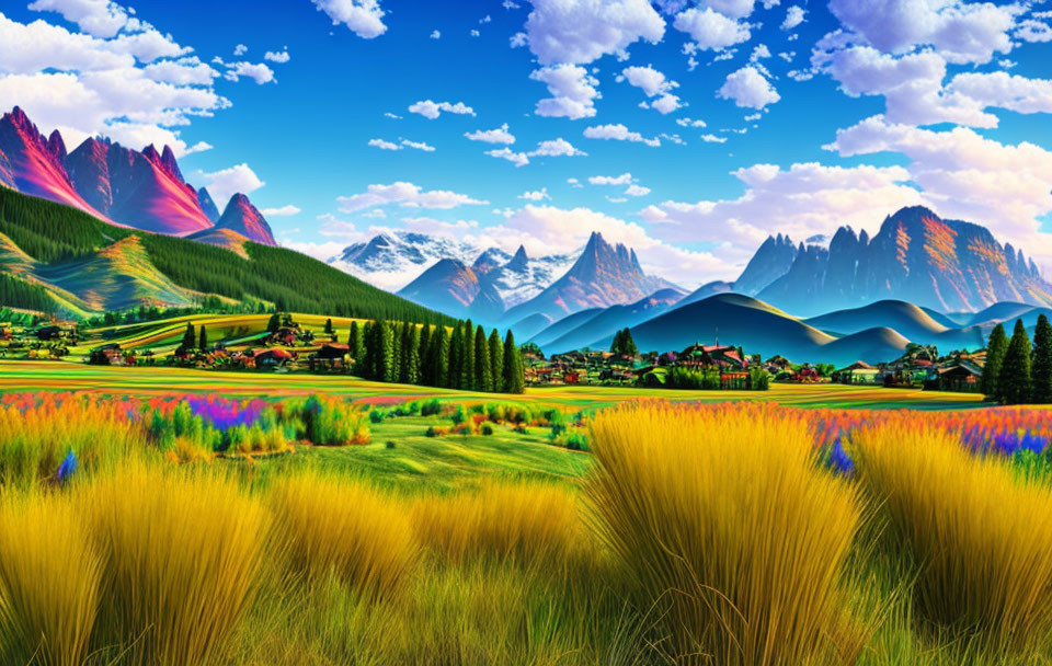 Majestic mountains, colorful fields, and a quaint village in vibrant landscape