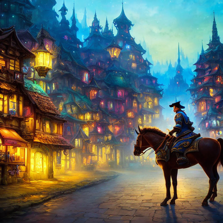 Knight on horseback in medieval attire in fantastical illuminated village