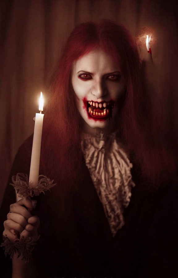 Red-haired spooky figure with sharp teeth holding a candle in dark, eerie setting