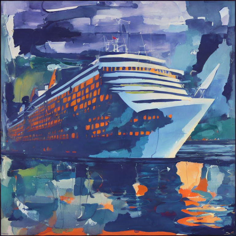 Colorful Abstract Painting: Large Cruise Ship at Sea
