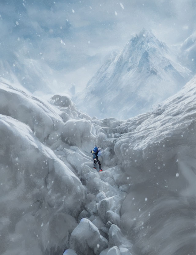 Snow-covered mountain path with lone climber and falling snowflakes.