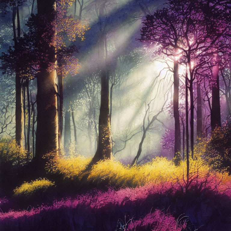 Sunlit mystical forest with vibrant purple and yellow flora