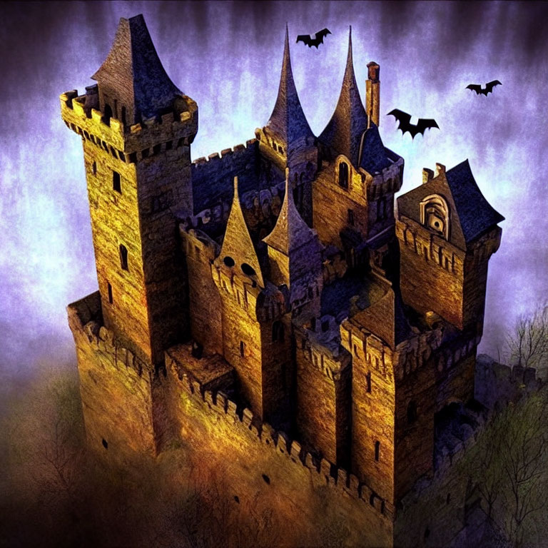 Gothic Castle with Bats in Purple Dusk