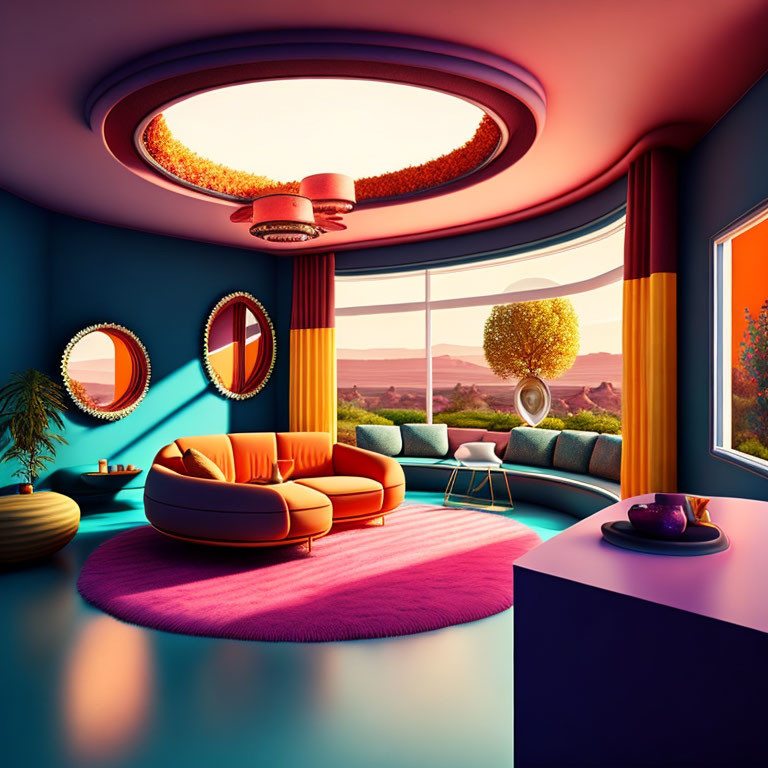 Colorful retro-futuristic living room with circular sofa and desert view