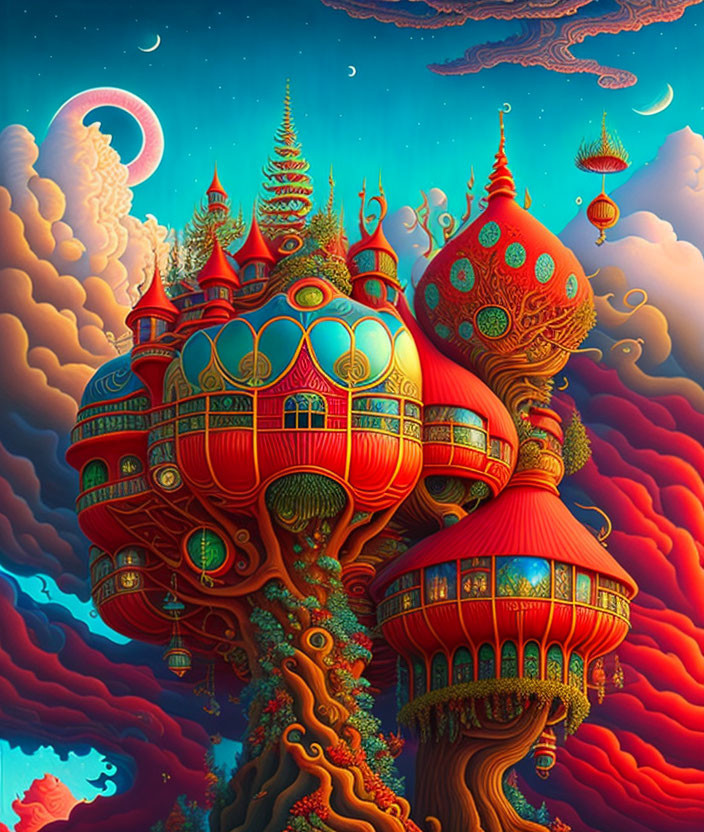 Fantastical artwork: Giant tree with palace-like structures under surreal sky
