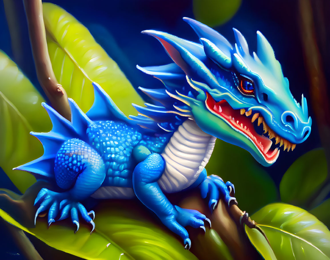 Detailed Blue Dragon Perched on Branch in Lush Greenery